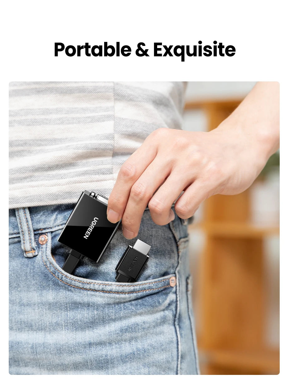 A person wearing blue jeans and a gray striped shirt inserts a small black USB receiver into their pocket, with another matching device tucked beside it. The text 'Portable & Exquisite' appears at the top on a white background.