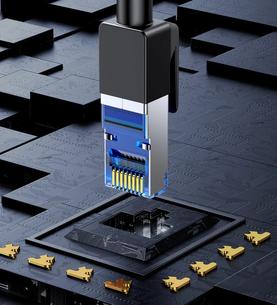 Close-up of a computer hardware component on a dark surface with gold connectors.