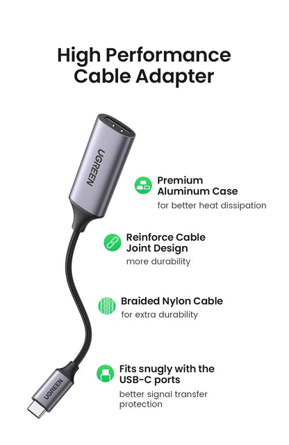 High performance cable adapter with features listed on a white background