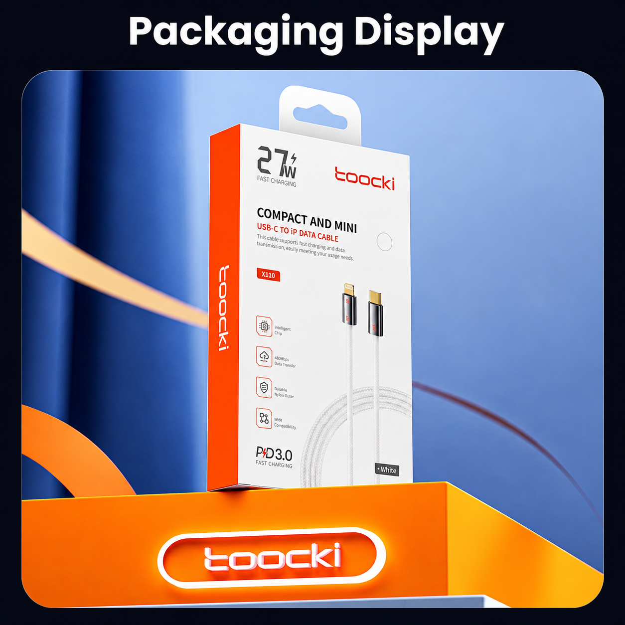 A boxed USB-C to USB-C charging cable package by tooocki, shown upright on a stylized blue and orange promotional background with the text 'Packaging Display' at the top.