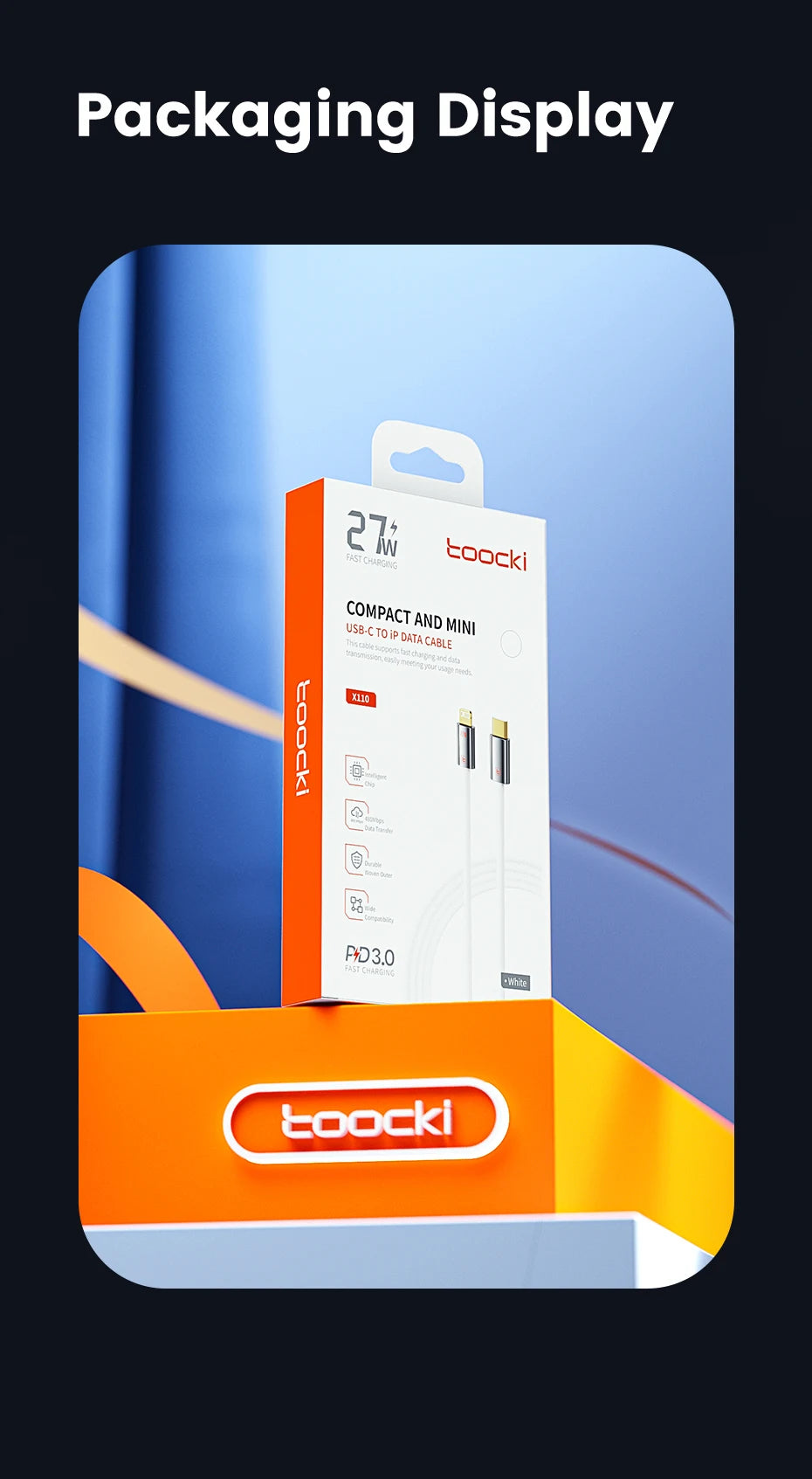 A retail display box showcasing the packaging of a toockl 27W Compact and Mini USB-C cable. The display features a white and orange cable box with product details, set against a blue and orange graphic background with the brand name 'toockl' prominently displayed at the bottom.