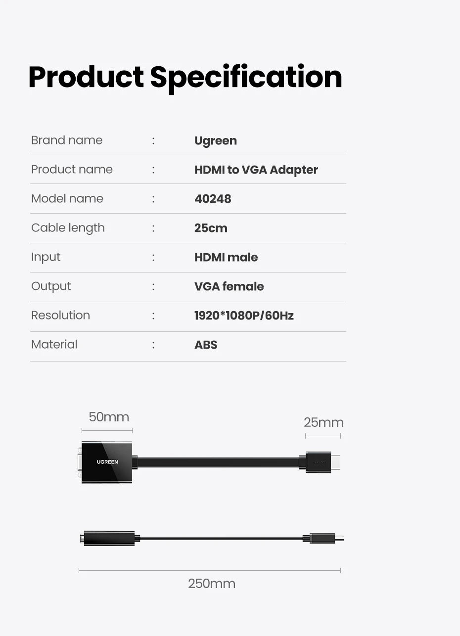 Product specification sheet for a Ugreen HDMI to VGA adapter, showing text details and a simplified product diagram with dimensions on a light gray background.