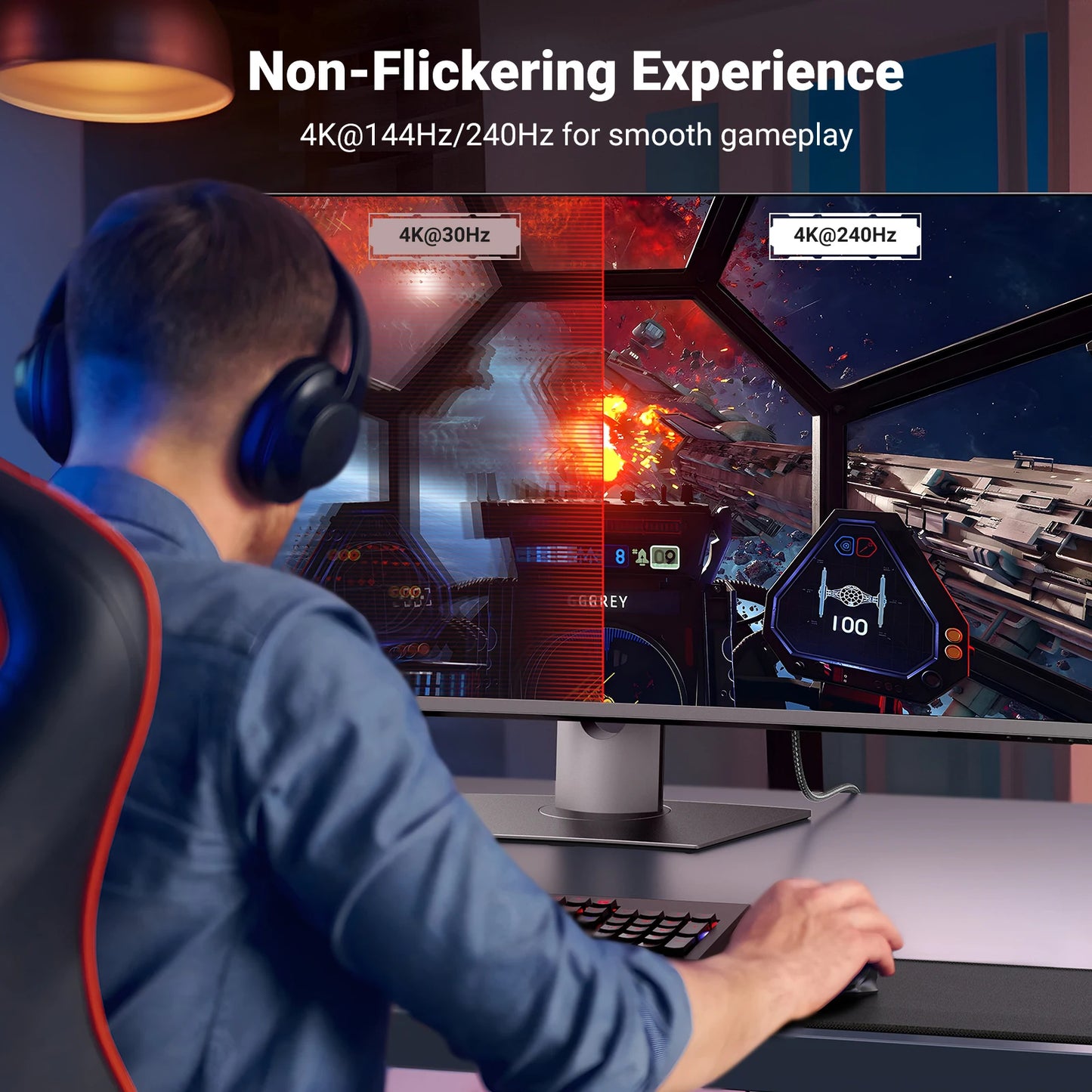 Person playing a video game on a multi-monitor setup with text about non-flickering experience.