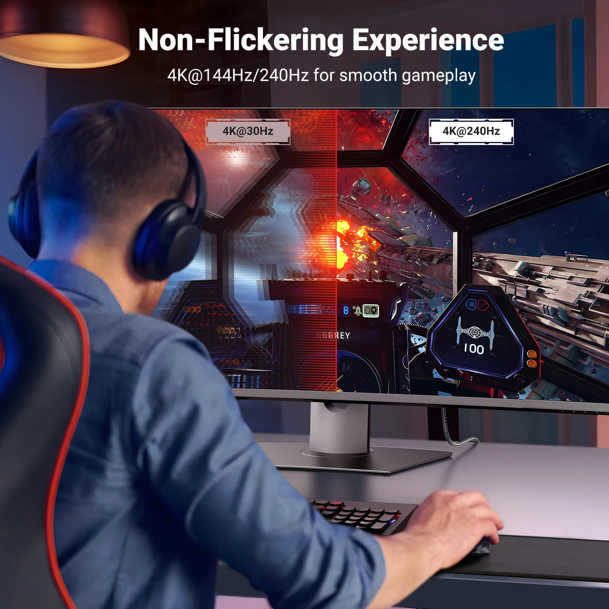 Person playing a video game on a multi-monitor setup with text about non-flickering experience.
