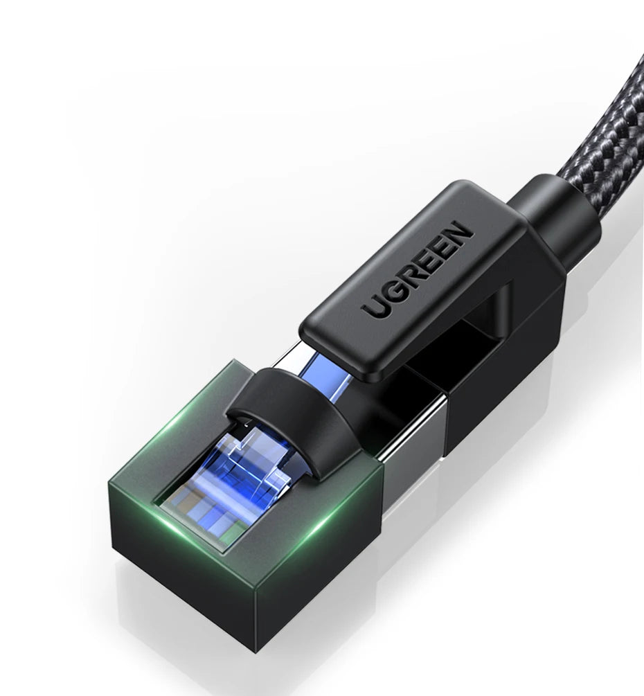 UGREEN USB-C to USB-C cable with a black braided outer jacket and a black connector head featuring a blue translucent inner section, shown on a clean white background.