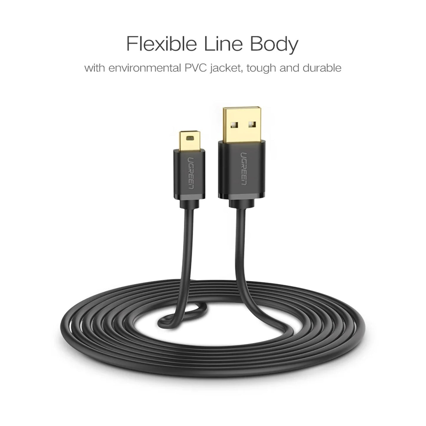 A black USB-C to USB-A charging cable coiled on a white background, with text above reading 'Flexible Line Body' and 'with environmental PVC jacket, tough and durable.' The cable connectors are black with gold-toned metal contacts, and the brand name 'UPEECH' is visible on both ends.