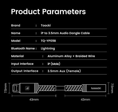 Product parameters of a Toocki audio dongle cable on a black background