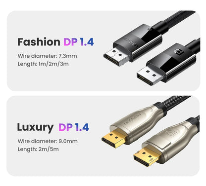 Comparison graphic for two DP 1.4 HDMI cables on a light gray background.