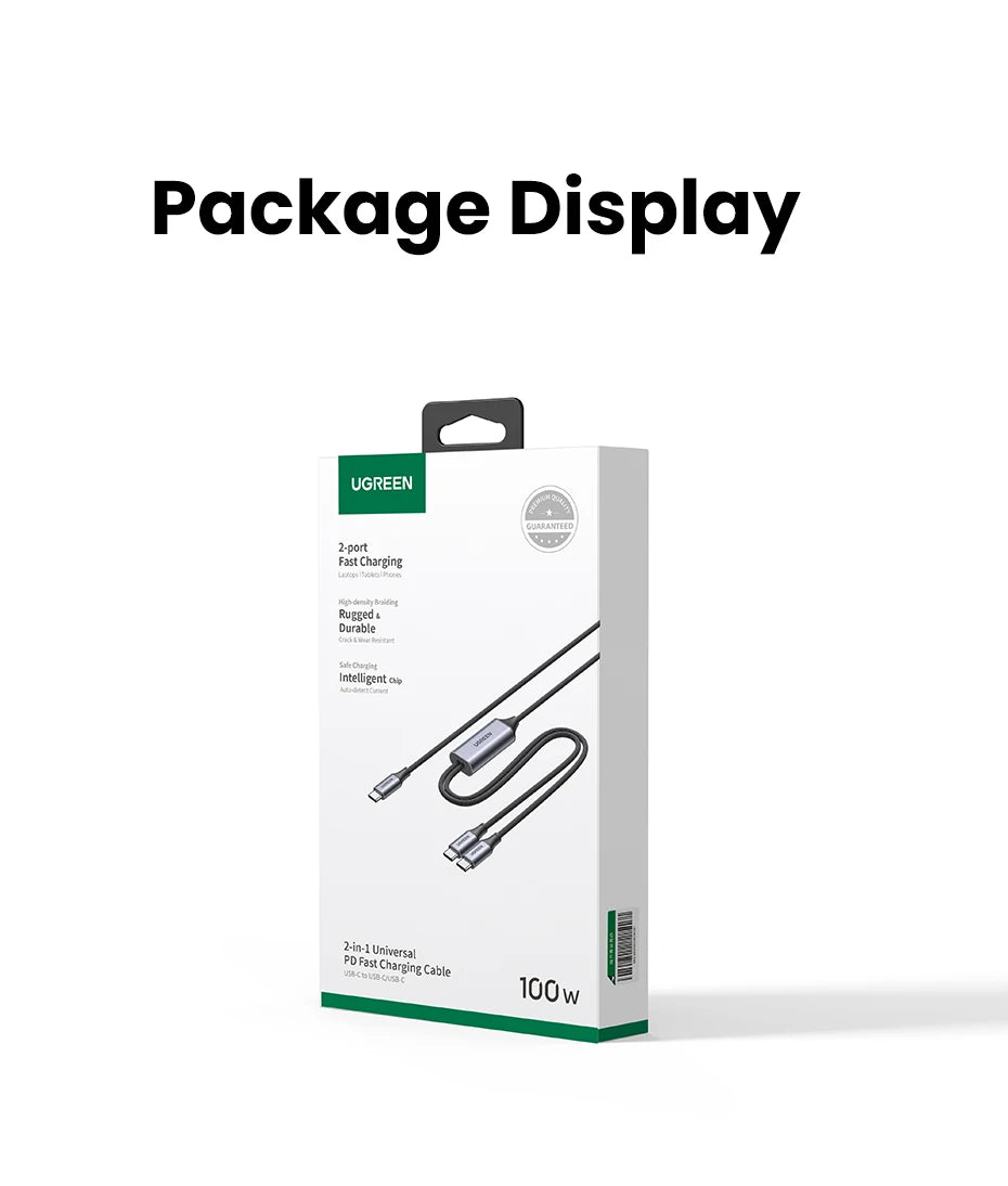 A boxed USB-C fast charging cable package on a white background with the text 'Package Display' above it. The box is mostly white with green accents and shows a black cable with silver connectors printed on the front.