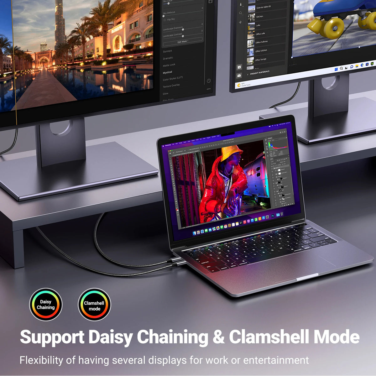 Laptop with multiple displays showing different content, emphasizing Daisy Chaining and Clamshell Mode features.