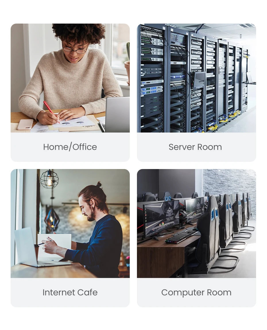 Four different settings: Home/Office, Server Room, Internet Cafe, and Computer Room.