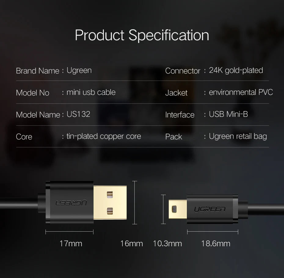 Product specification chart for a Ugreen USB-C to USB-A mini cable, showing connector dimensions, cable lengths, and product details like 24K gold-plated connector and environmental PVC jacket on a dark background.