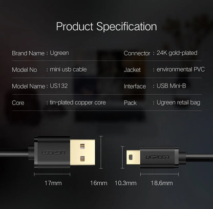Product specification chart for a Ugreen USB-C to USB-A mini cable, showing connector dimensions, cable lengths, and product details like 24K gold-plated connector and environmental PVC jacket on a dark background.