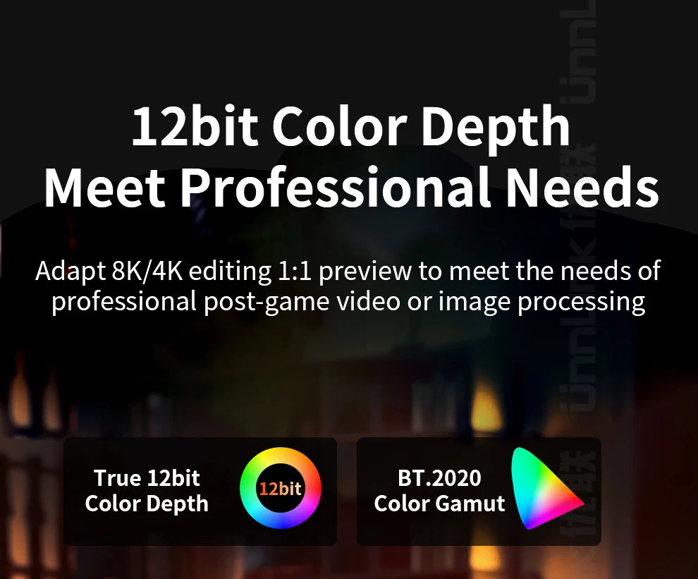 Promotional text about 12bit color depth meeting professional needs with technical specifications.