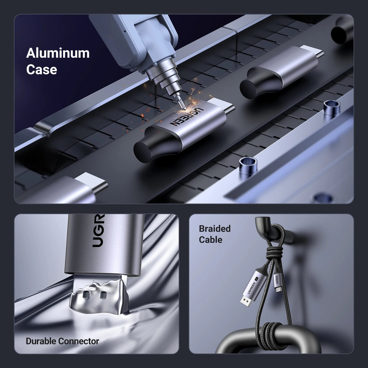 Product with aluminum case, durable connector, and braided cable on a dark background
