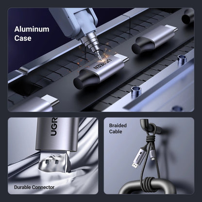 Product with aluminum case, durable connector, and braided cable on a dark background
