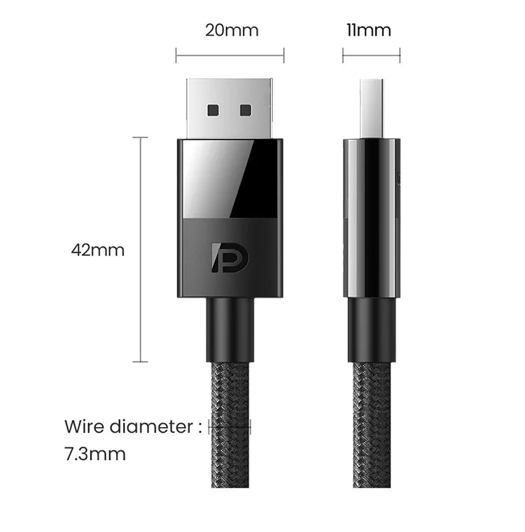 Black USB-A to USB-C cable with dimension annotations showing a 20mm USB-A connector, 11mm USB-C connector, 42mm cable length, and 7.3mm wire diameter on a white background.