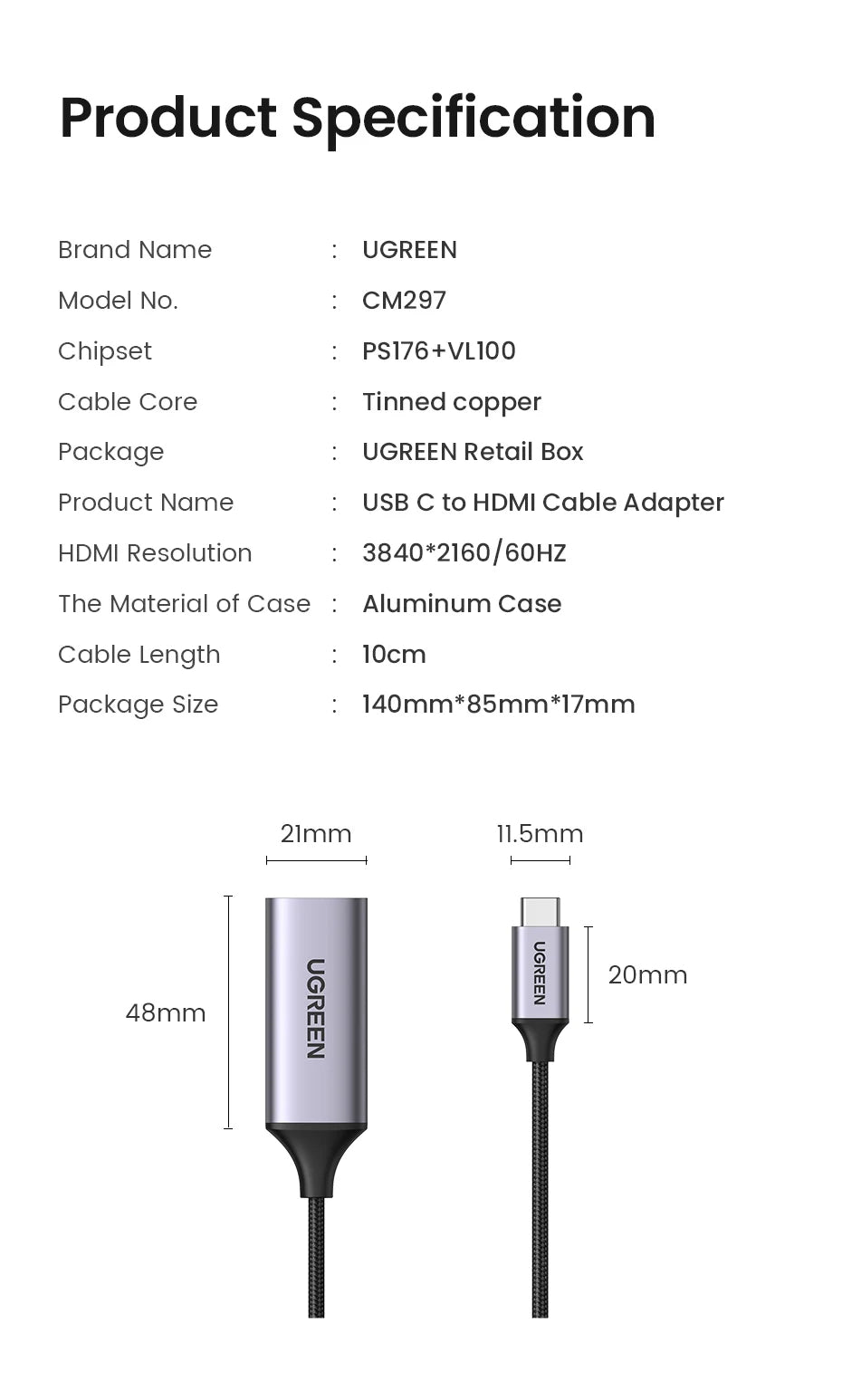 Product specification details of a UGREEN USB C to HDMI cable adapter on a white background.