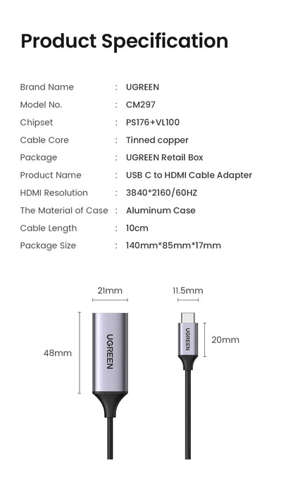 Product specification details of a UGREEN USB C to HDMI cable adapter on a white background.
