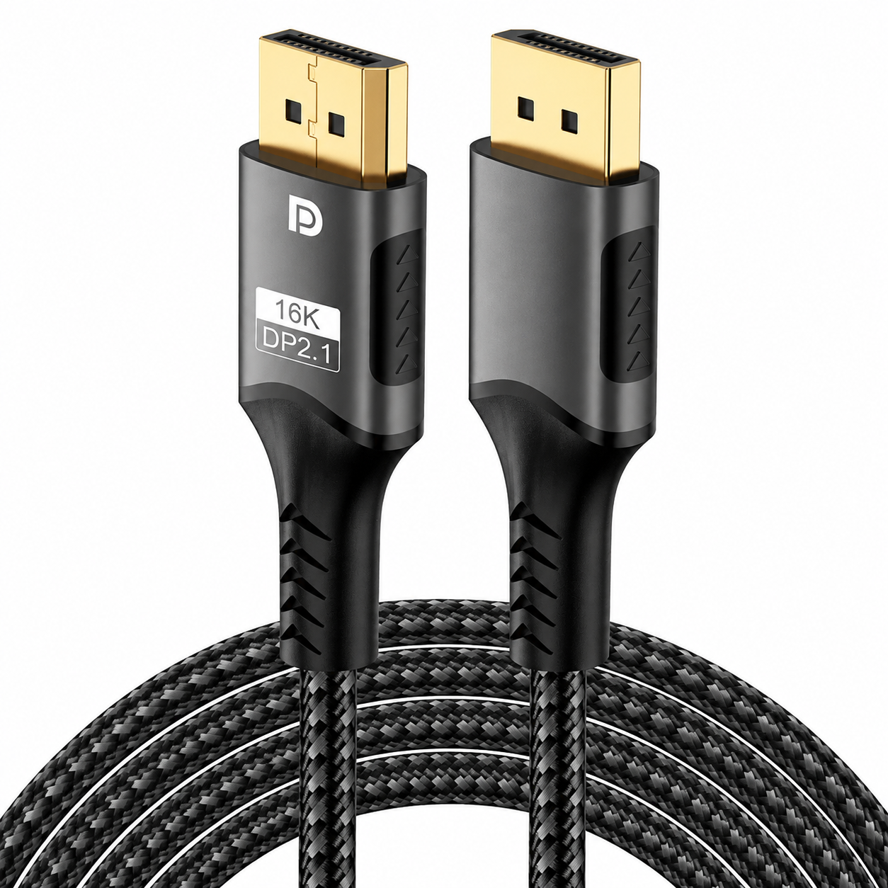 A black braided HDMI cable with gold-plated connectors, featuring a black protective sleeve with 'P' logo and '18K DP2.1' text, shown on a white background.