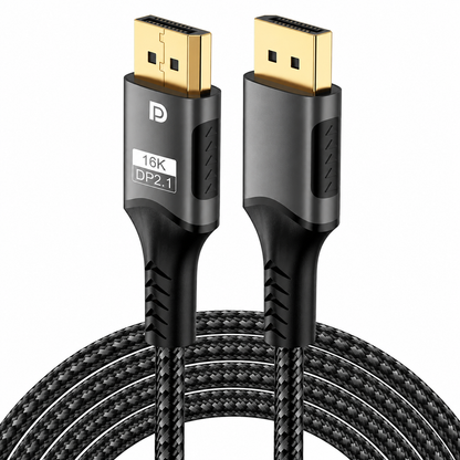 A black braided HDMI cable with gold-plated connectors, featuring a black protective sleeve with 'P' logo and '18K DP2.1' text, shown on a white background.