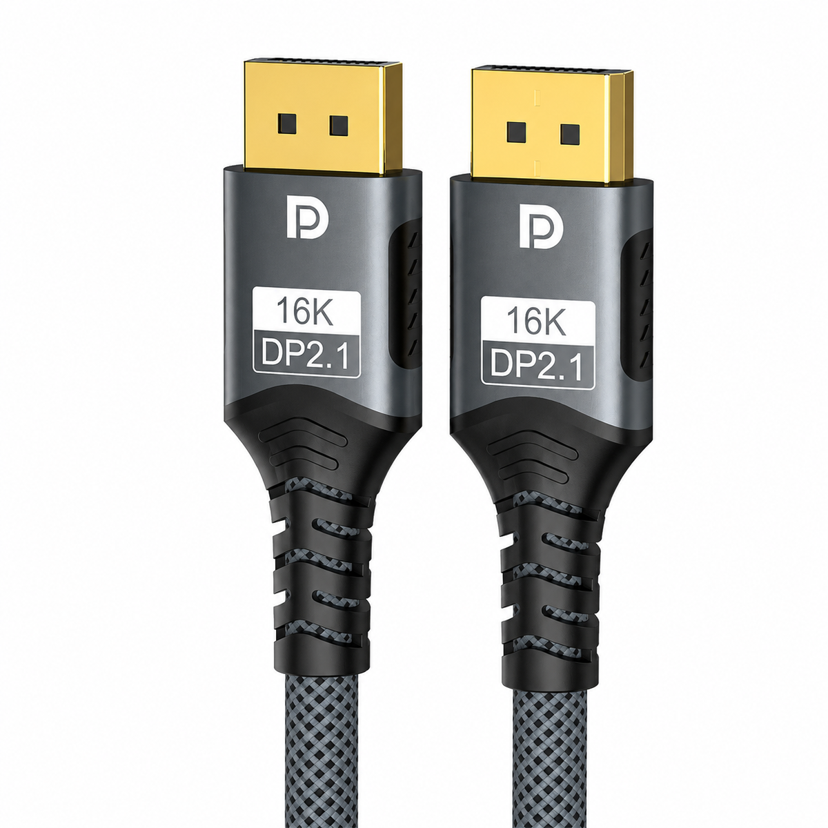 A close-up of a high-speed HDMI cable showing two gold-plated DP2.1 16K USB-C connectors with black protective housings and a gray braided cable, on a solid white background.