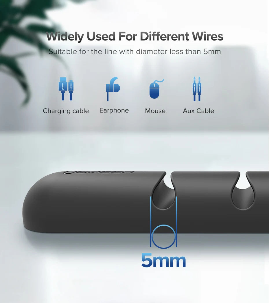 Black cable management tool with text and icons indicating its use for various cables on a light gray background.