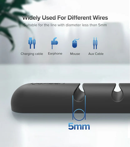 Black cable management tool with text and icons indicating its use for various cables on a light gray background.