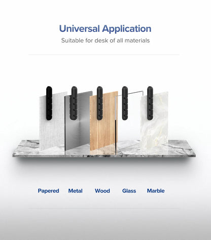 Product display with various material samples on a marble base, labeled for universal application.