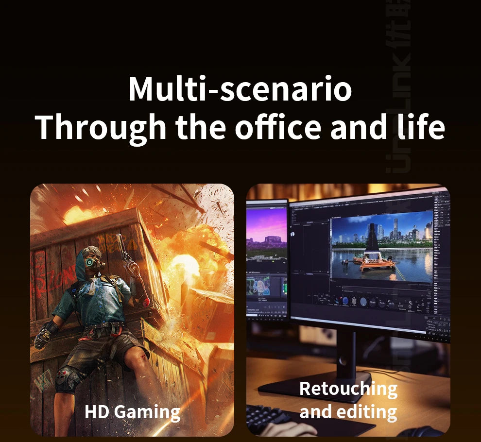 Two scenarios: HD gaming and retouching and editing, with text 'Multi-scenario Through the office and life'.