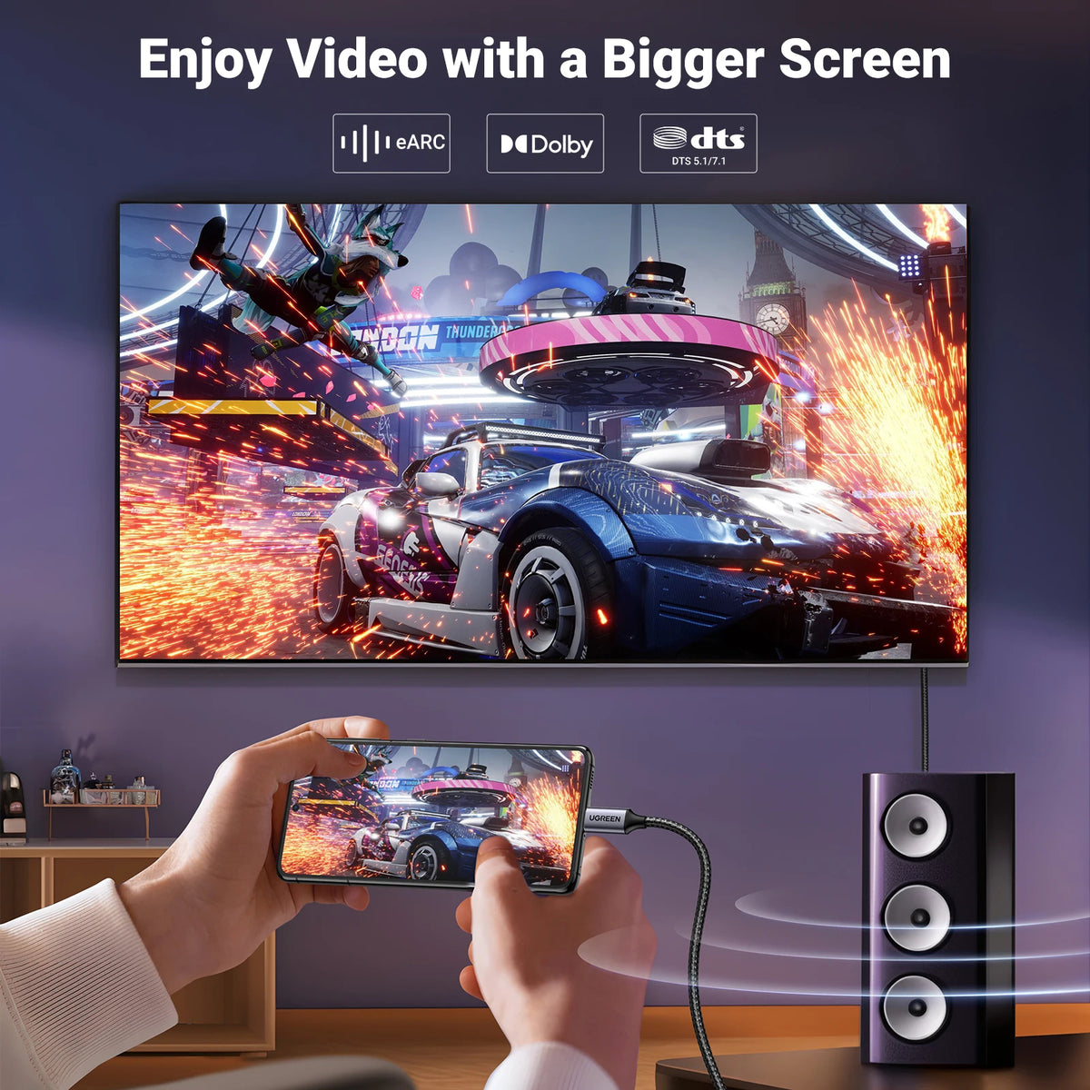 Person holding a smartphone with a gaming app, connected to a TV displaying a car game, with audio technology logos above.