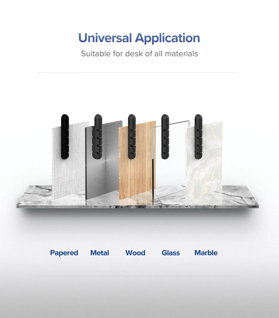 Product display with various material samples on a marble base, labeled for universal application.