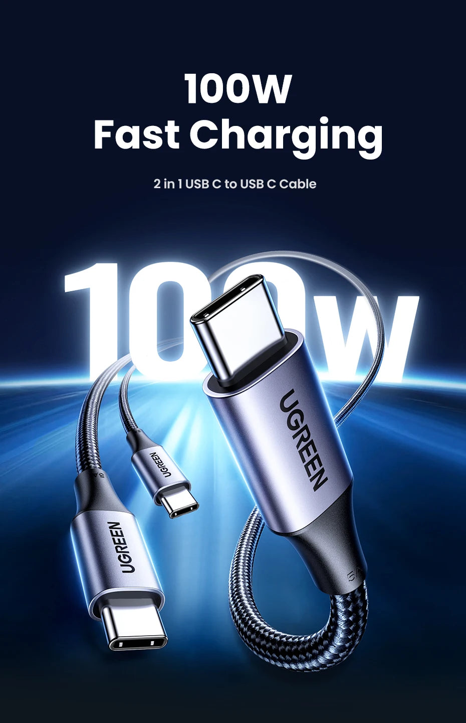 UGREEN USB cable with 100W fast charging text on a dark background