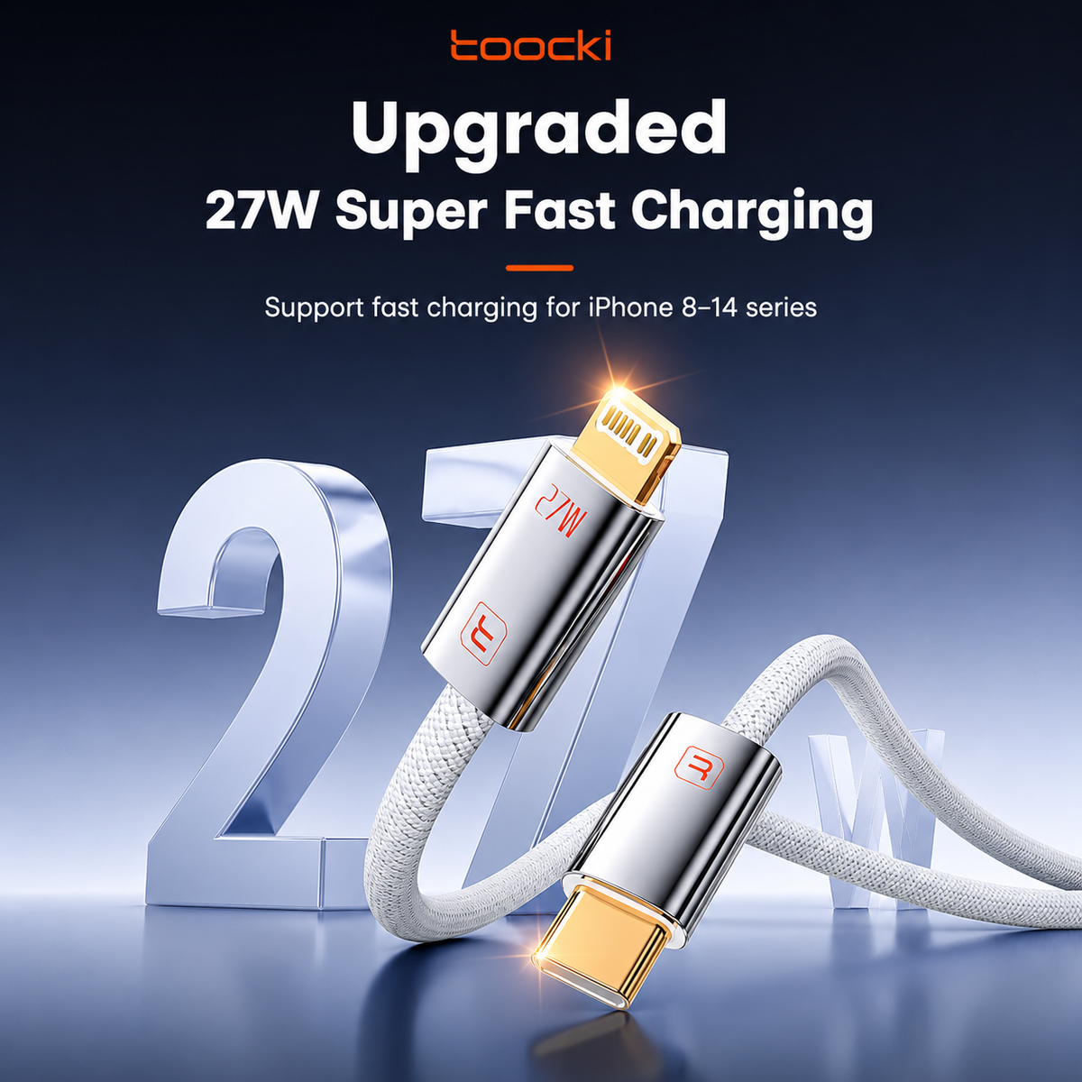A 27W fast charging cable by Toocki, featuring a white braided strap and gold-plated connectors, shown with promotional text on a dark blue gradient background.