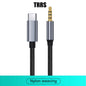 A USB-C to 3.5mm audio adapter cable with a silver USB-C connector, a gold-plated 3.