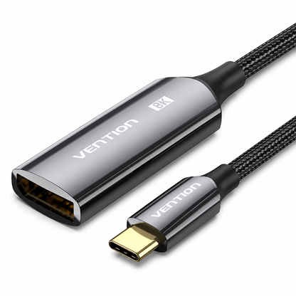 A Vention 8K HDMI 2.1 cable adapter with a female HDMI plug and a USB-C to HDMI cable, featuring a glossy black and dark gray metal body with a braided black cable, shown on a white background.
