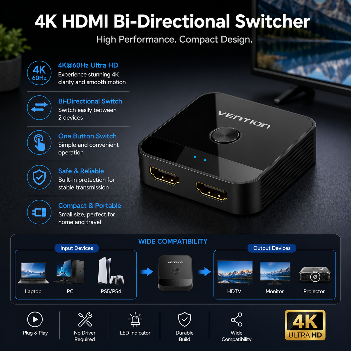 A Vention 4K HDMI bi-directional switcher device shown on a dark background with marketing text and compatibility graphics. The black rectangular switcher has HDMI input and output ports, blue indicator lights, and the Vention logo.