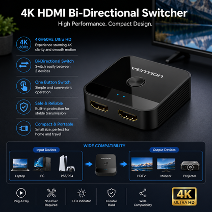 A Vention 4K HDMI bi-directional switcher device shown on a dark background with marketing text and compatibility graphics. The black rectangular switcher has HDMI input and output ports, blue indicator lights, and the Vention logo.