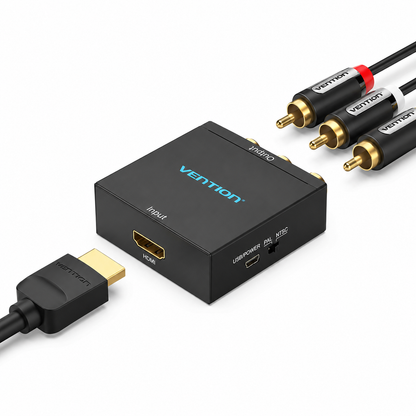 A VENTION HDMI to 3 RCA splitter box in black, shown with an HDMI cable on the left and two RCA cables on the right on a clean white background.