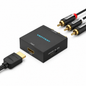 A VENTION HDMI to 3 RCA splitter box in black, shown with an HDMI cable on the left and two RCA cables on the right on a clean white background.