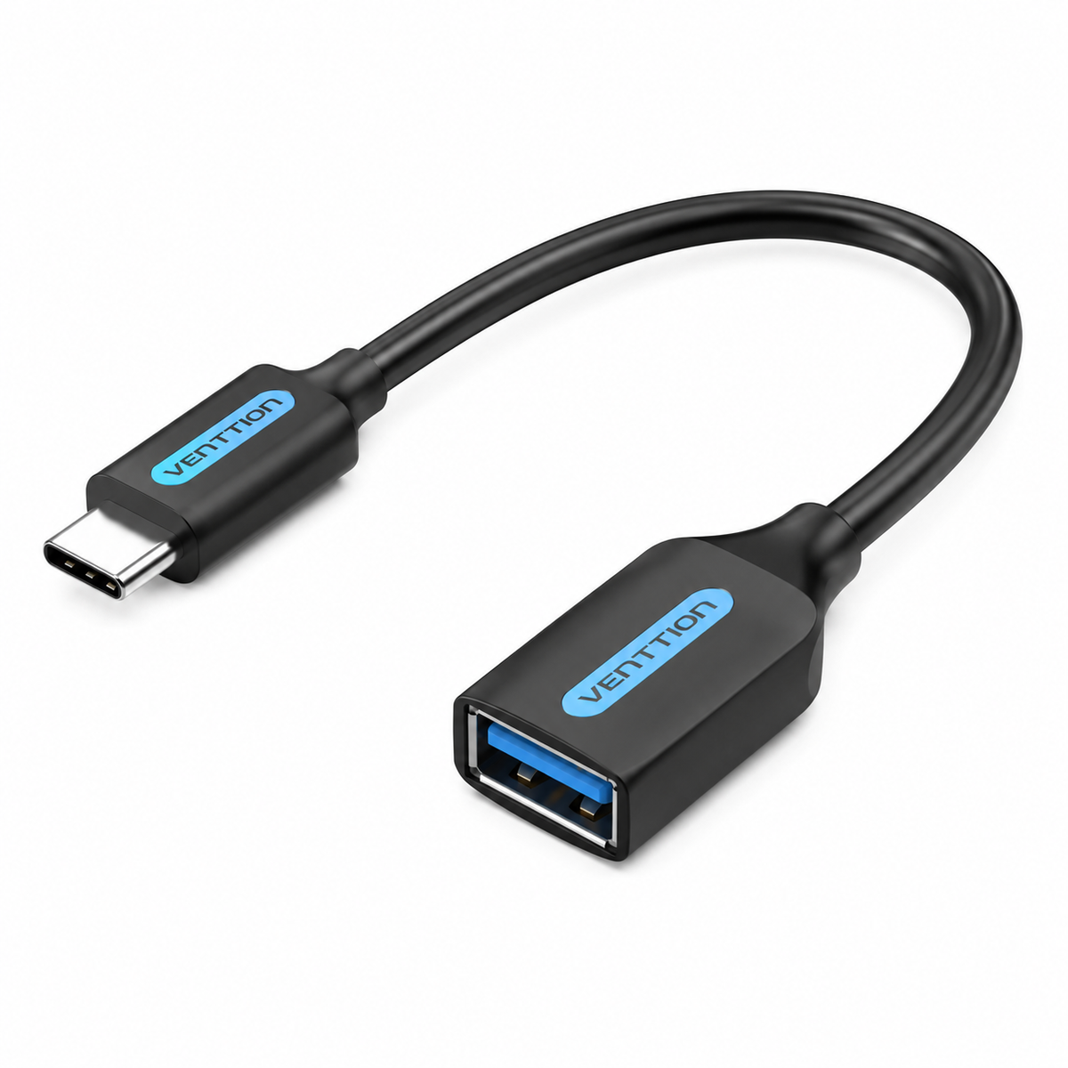 A black USB-C to USB-A adapter cable with a blue VENTTIION logo on the connectors, shown on a clean white background.
