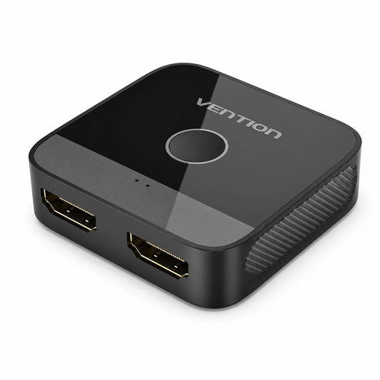 A Vention brand black smart TV box or streaming device with two HDMI ports, a glossy top panel, and a ribbed side vent, shown on a white background.