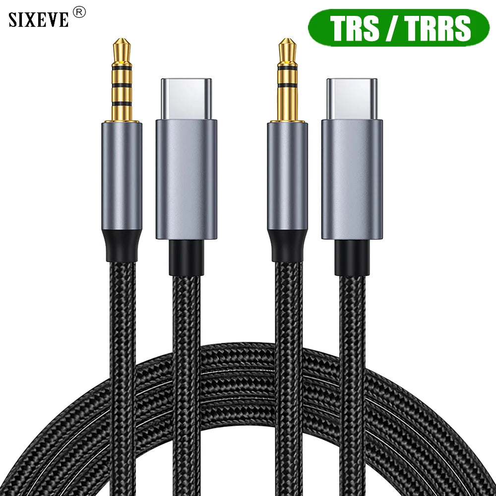 A 6ixeve USB-C to 3.5mm audio adapter cable with a TRS/TRRS configuration, featuring a black braided cable, silver metal connectors, and gold-plated plug tips, shown on a white background with a green 'TRS / TRRS' badge.