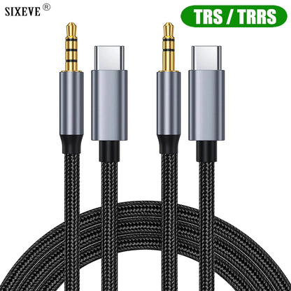 A 6ixeve USB-C to 3.5mm audio adapter cable with a TRS/TRRS configuration, featuring a black braided cable, silver metal connectors, and gold-plated plug tips, shown on a white background with a green 'TRS / TRRS' badge.