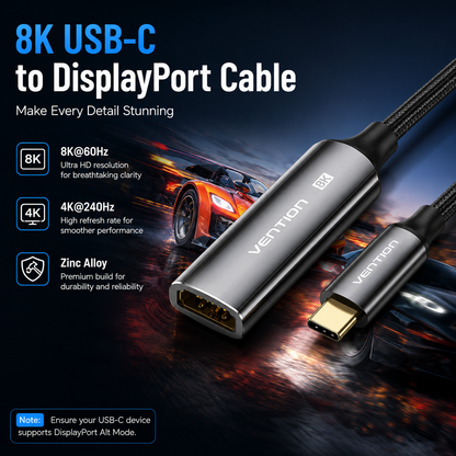 Vention 8K USB-C to DisplayPort cable shown on a dark promotional background with text callouts about 8K@60Hz, 4K@240Hz, and zinc alloy durability.