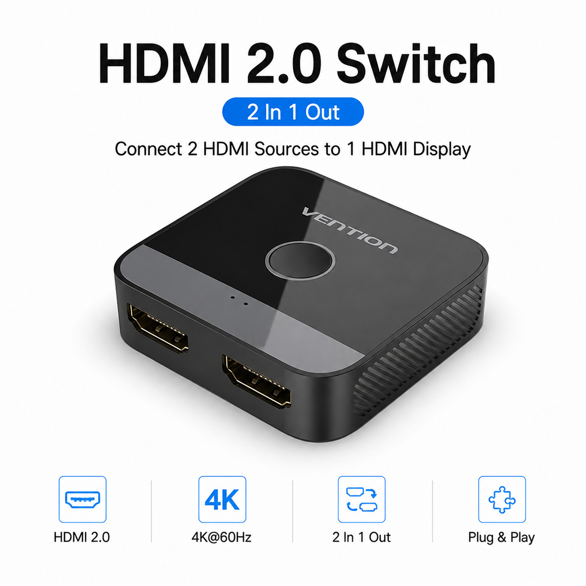 A Vention HDMI 2.0 2-in-1 out switch shown on a white background with text describing its function and four feature icons below.