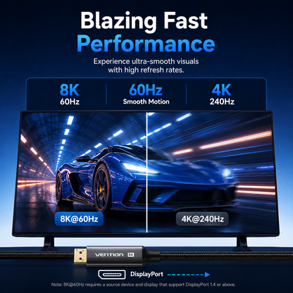 Promotional graphic for a VENTION DisplayPort cable showing a blue sports car on a monitor with performance text: 8K 60Hz, 60Hz Smooth Motion, and 4K 240Hz.