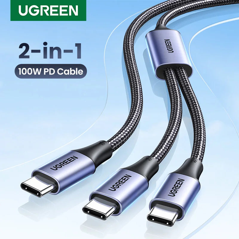 UGREEN 2-in-1 100W PD cable on a light blue background