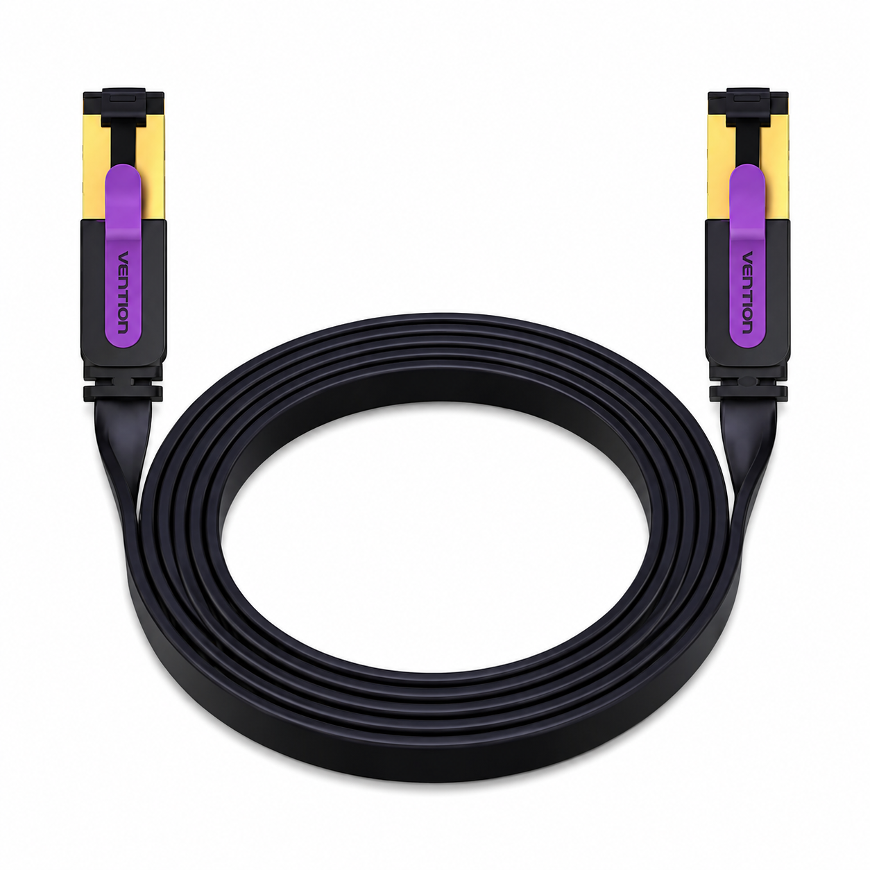 A coiled black flat Ethernet cable with yellow and purple connector housings, branded VENTION, on a plain white background.