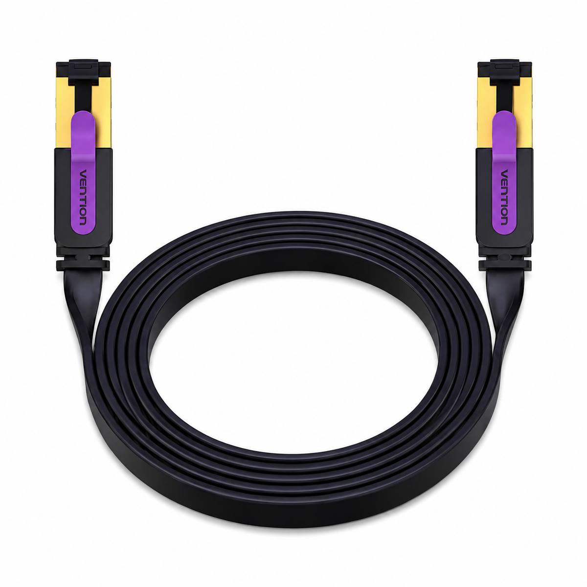 A coiled black flat Ethernet cable with yellow and purple connector housings, branded VENTION, on a plain white background.